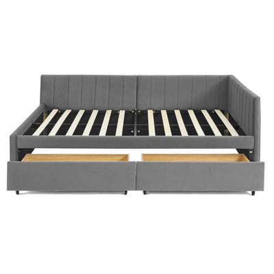 Full Size Upholstered Tufted Bed Frame with Two Drawers, Sofa Bed Frame with Comfortable Backrest and Armrests, Velvet, Grey(79.5''x58''x25'')