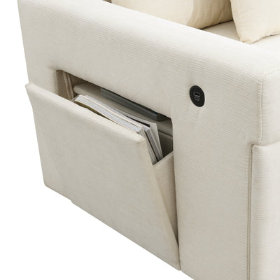 Chenille U Shaped Sectional Sofa with Ottoman, Storage, Cup Holders, and USB Ports, Off White, 128*67'