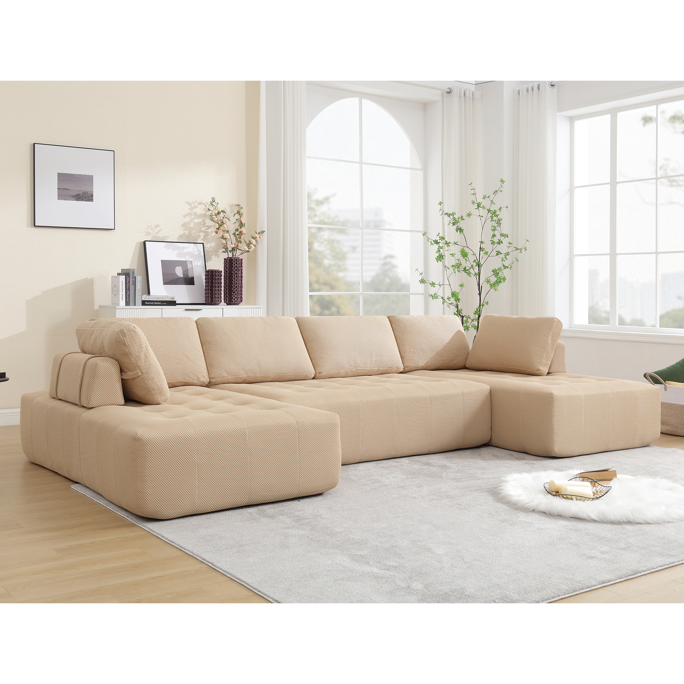 [NEW ARRIVED] [VIDEO PROVIDED]138.5 'Modular Combination Sofa, U-shaped Sofa, Living Room, Apartment, Upholstered ,6-seat Sofa, Free Combination Sofa (Mesh Fabric), Breathable Fabric, Khaki