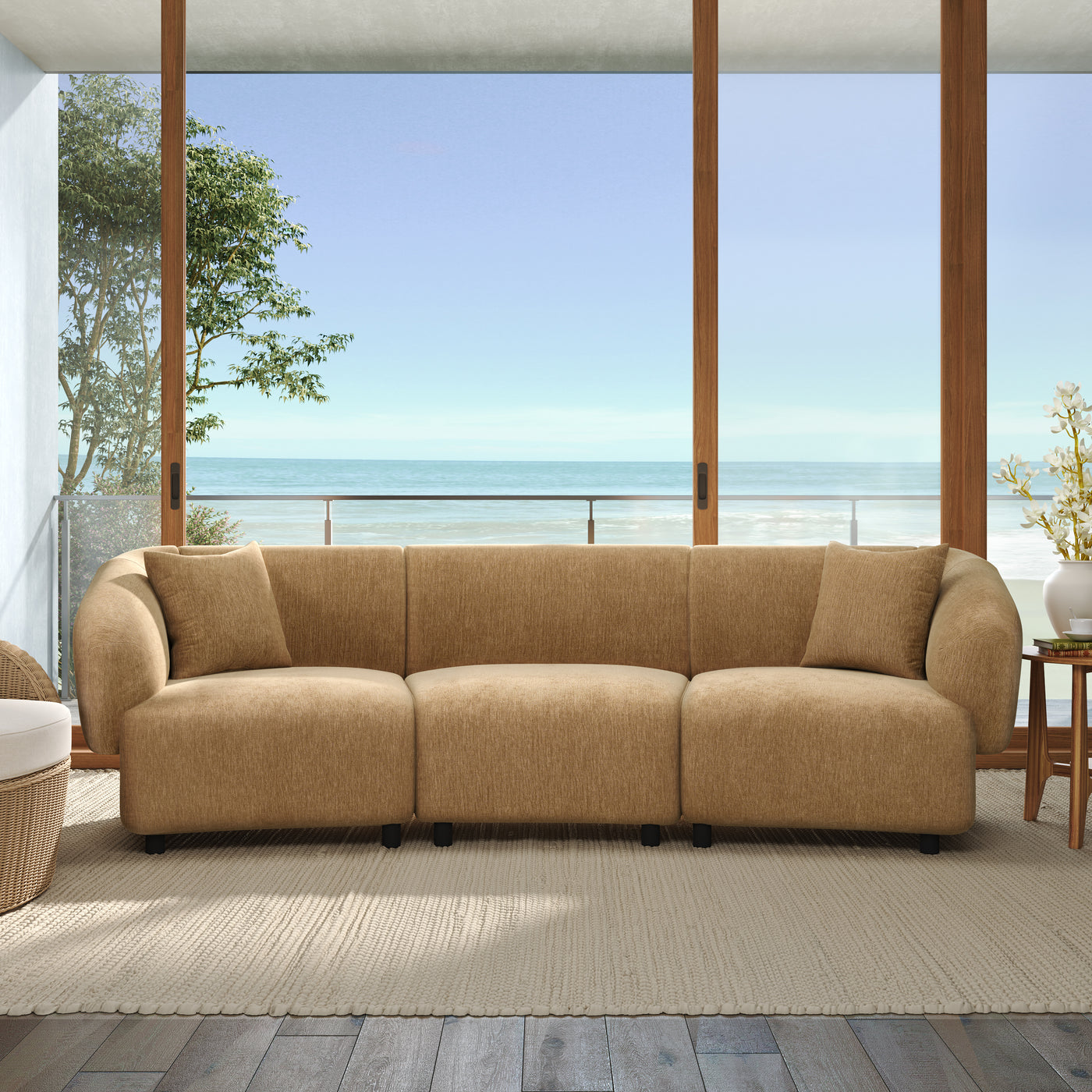 98.5 ' Curved Designed Contemporary 3-Seater Sofa in Mocha: Plush Seating, Streamlined Design, and Durable Frame – Ideal for Stylish Living Spaces