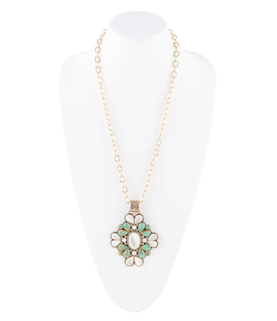 Barcelona Blue Turquoise and Mother of Pearl Golden Statement Necklace