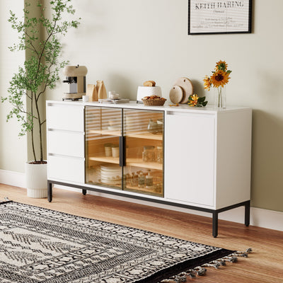 Buffet cabinet with storage, kitchen side panel storage room with doors and 3 drawers, pantry cabinet display rack, console, dining table manager furniture, living room dining room white