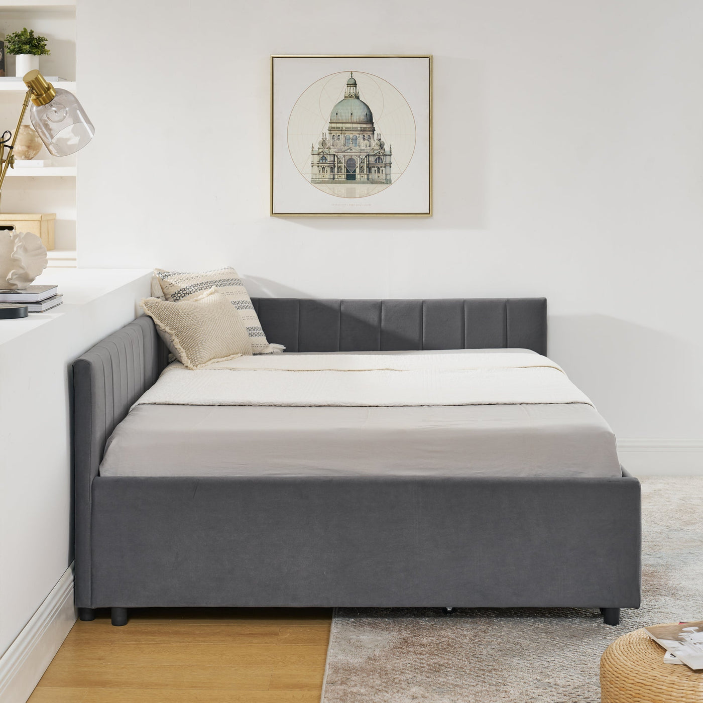 Full Size Upholstered Tufted Bed Frame with Two Drawers, Sofa Bed Frame with Comfortable Backrest and Armrests, Velvet, Grey(79.5''x58''x25'')