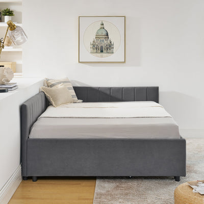 Full Size Upholstered Tufted Bed Frame with Two Drawers, Sofa Bed Frame with Comfortable Backrest and Armrests, Velvet, Grey(79.5''x58''x25'')