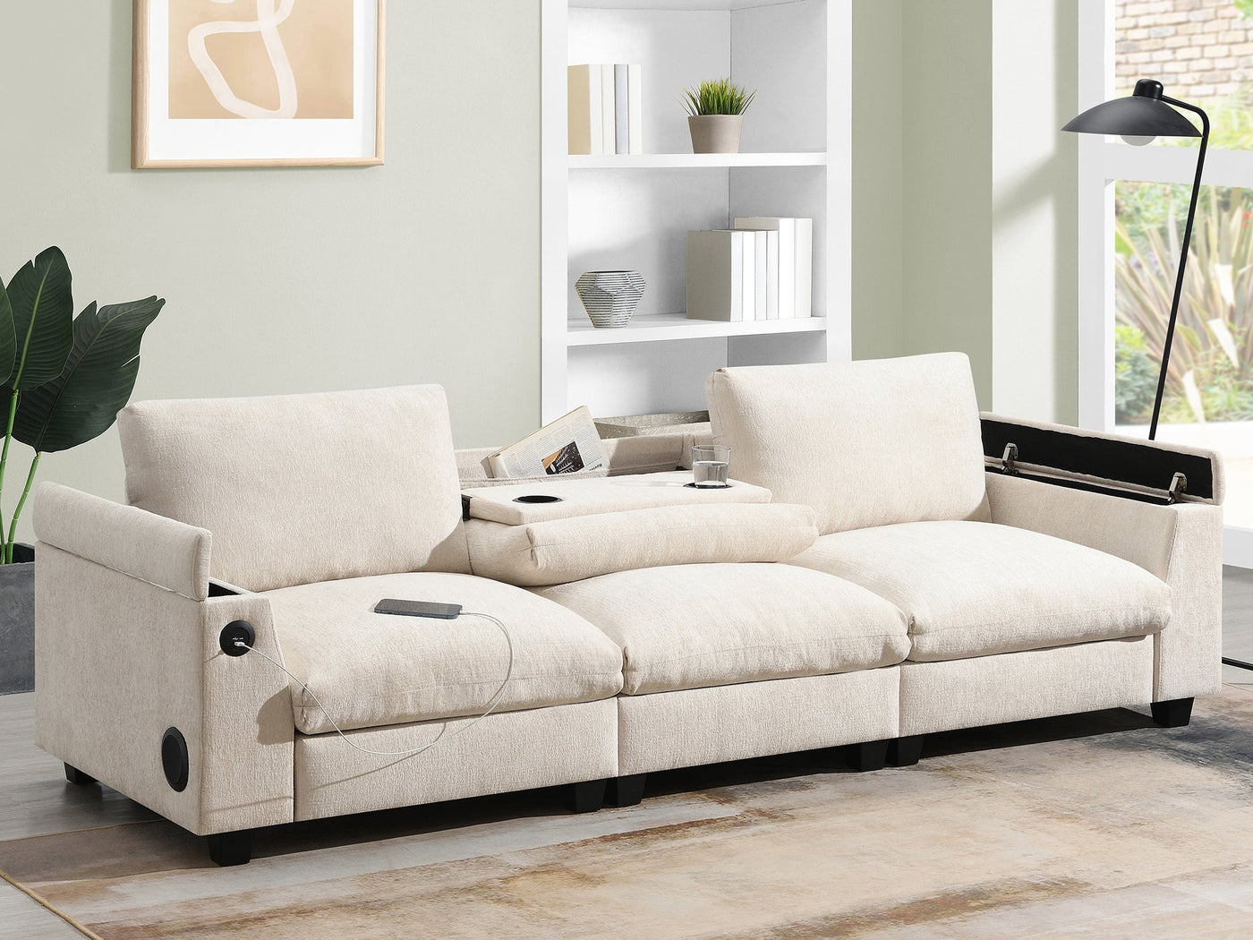 Chenille Sectional Sofa with Bluetooth Speaker, Comfy Cloud Couch Set with Drop Down Table, Cup Holders, USB Charger, Storage Armrest, Wide Seat, 96*35''