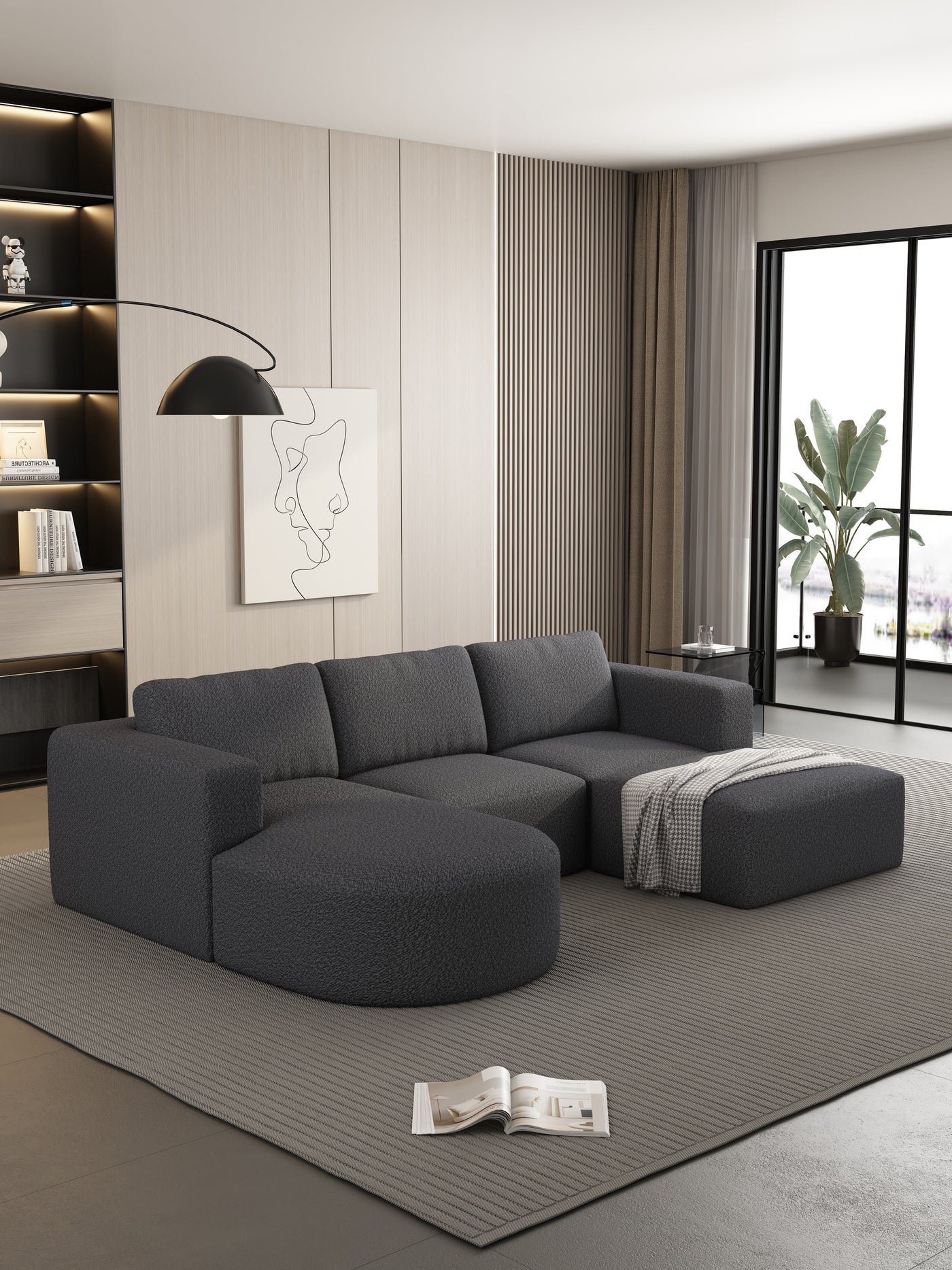 104.32*70.86 Modular Sectional Sofa Sleeper Couch, Sectional Sofa with Chaise and Ottoman, Convertible U Shaped Modular Sofa Set. Compressed sponge, Dark Grey (Combo A+B+C+D)