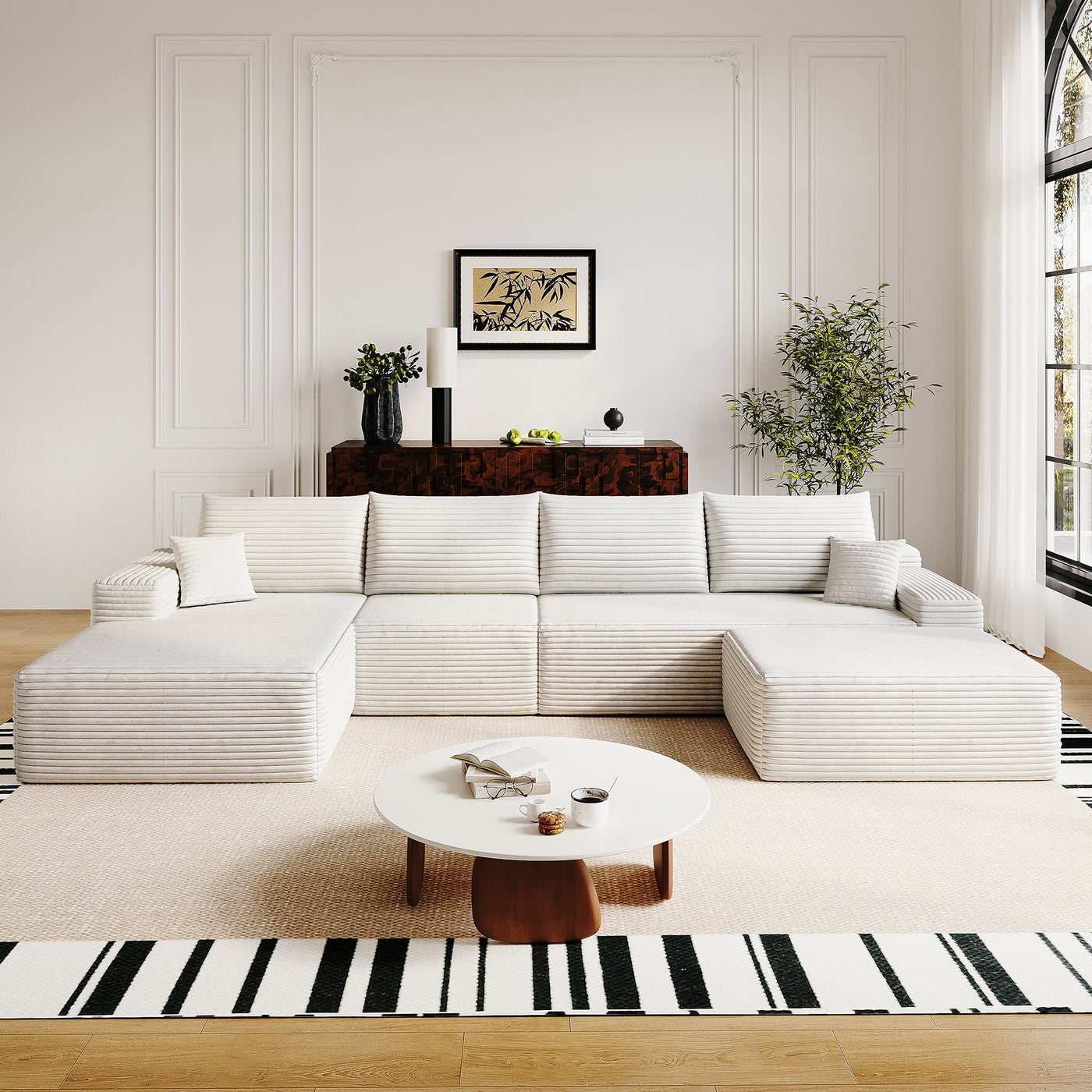 135' Cloud Sectional Sofa with 1 Ottoman,Modern Minimalist Upholstered Couches, Comfort U Shaped Sofa for Living Room,Deep Seat Corner Couch,No Assembly Required,Black (Plush Corduroy Fabric),White