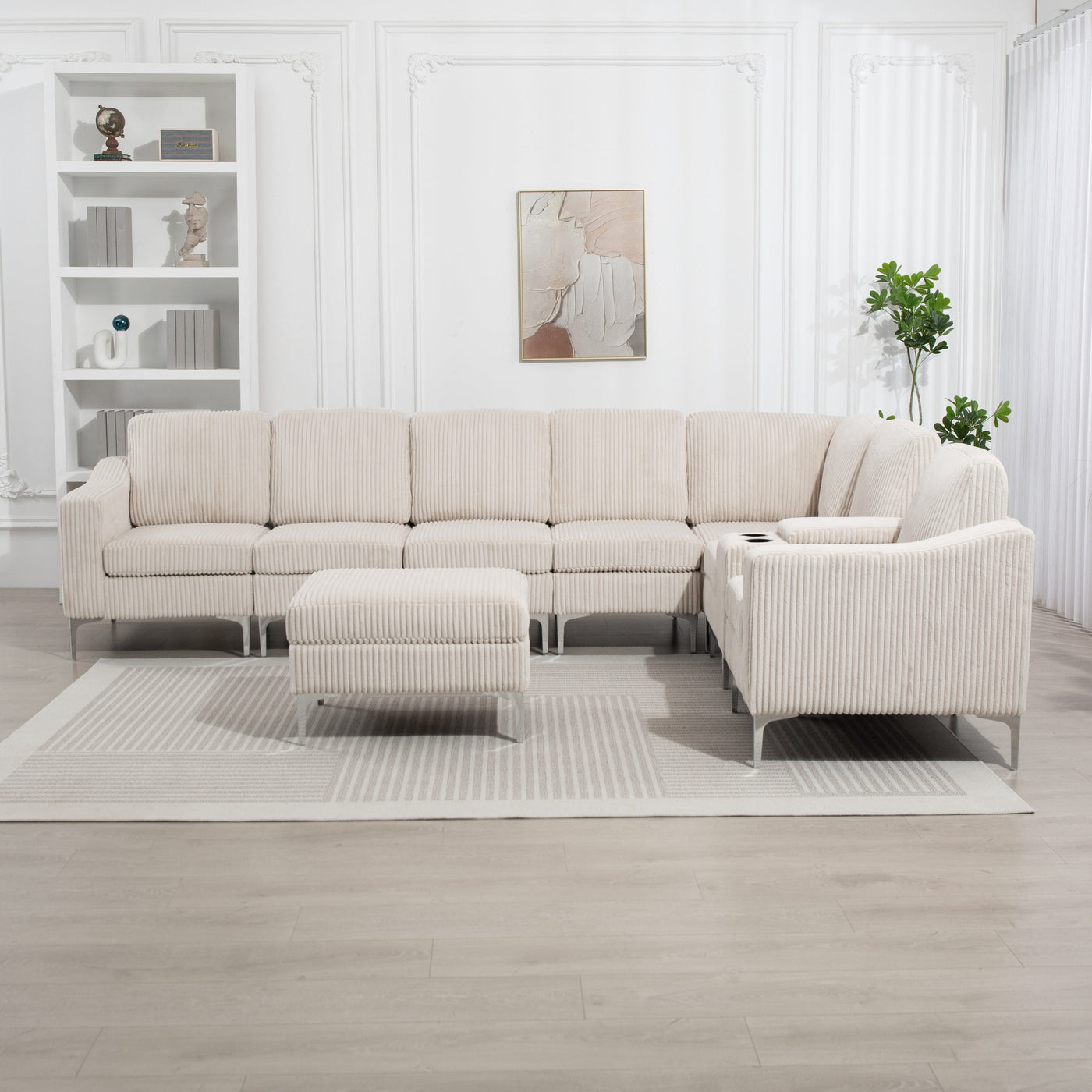 Convertible Sectional Corduroy  Sofa with Storage Ottoman,Cupholders, USB Ports for Living Room Apartment,Beige