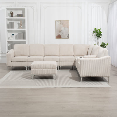 Convertible Sectional Corduroy  Sofa with Storage Ottoman,Cupholders, USB Ports for Living Room Apartment,Beige