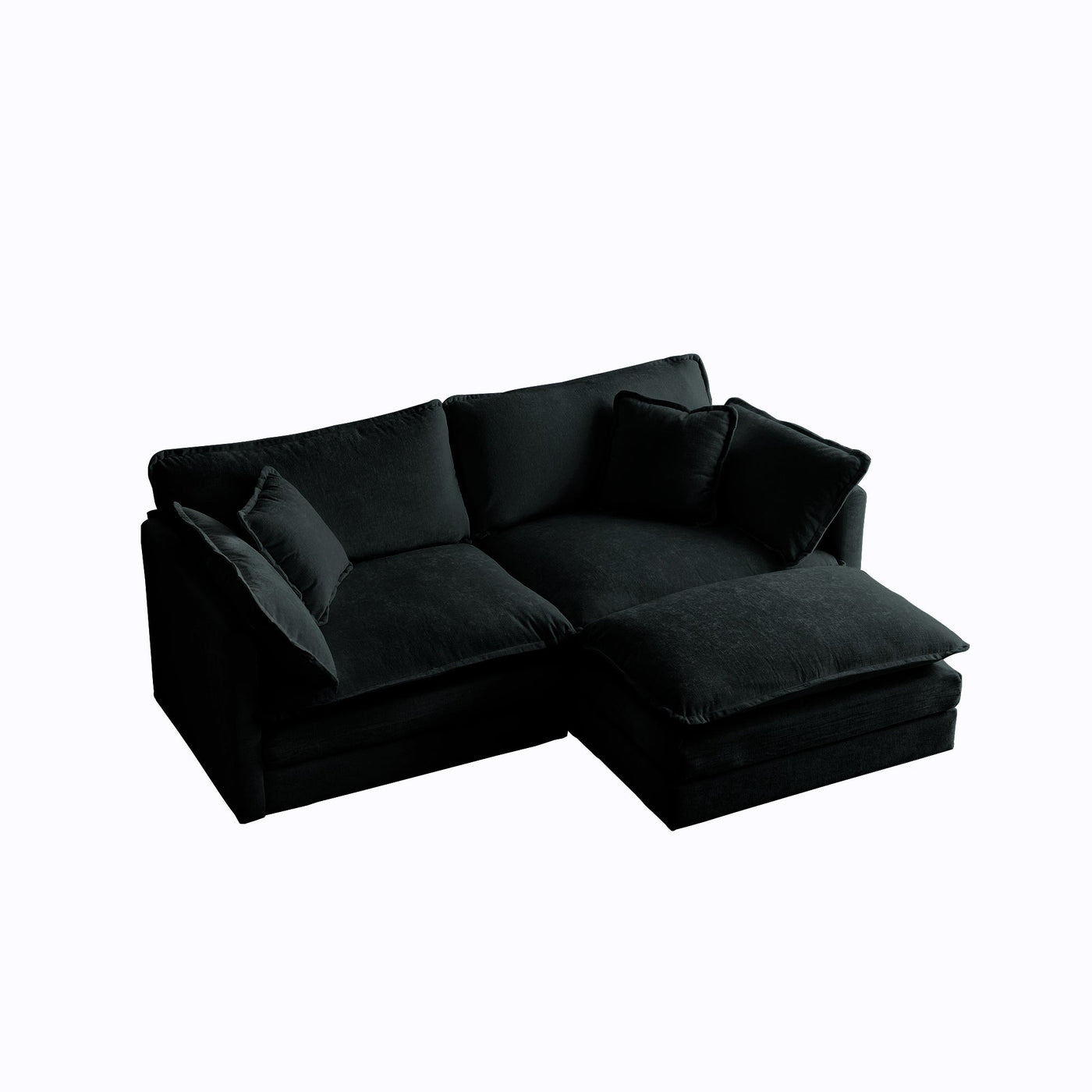 Chenille Two-Seater Sofa with 1 Footrest, 2 Seater L-Shaped Sectional with Ottoman,Loveseat with Ottoman for Small Living Space, Black Chenille