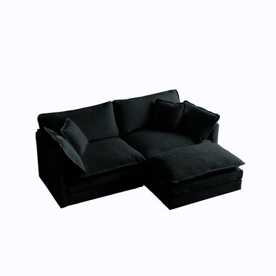 Chenille Two-Seater Sofa with 1 Footrest, 2 Seater L-Shaped Sectional with Ottoman,Loveseat with Ottoman for Small Living Space, Black Chenille