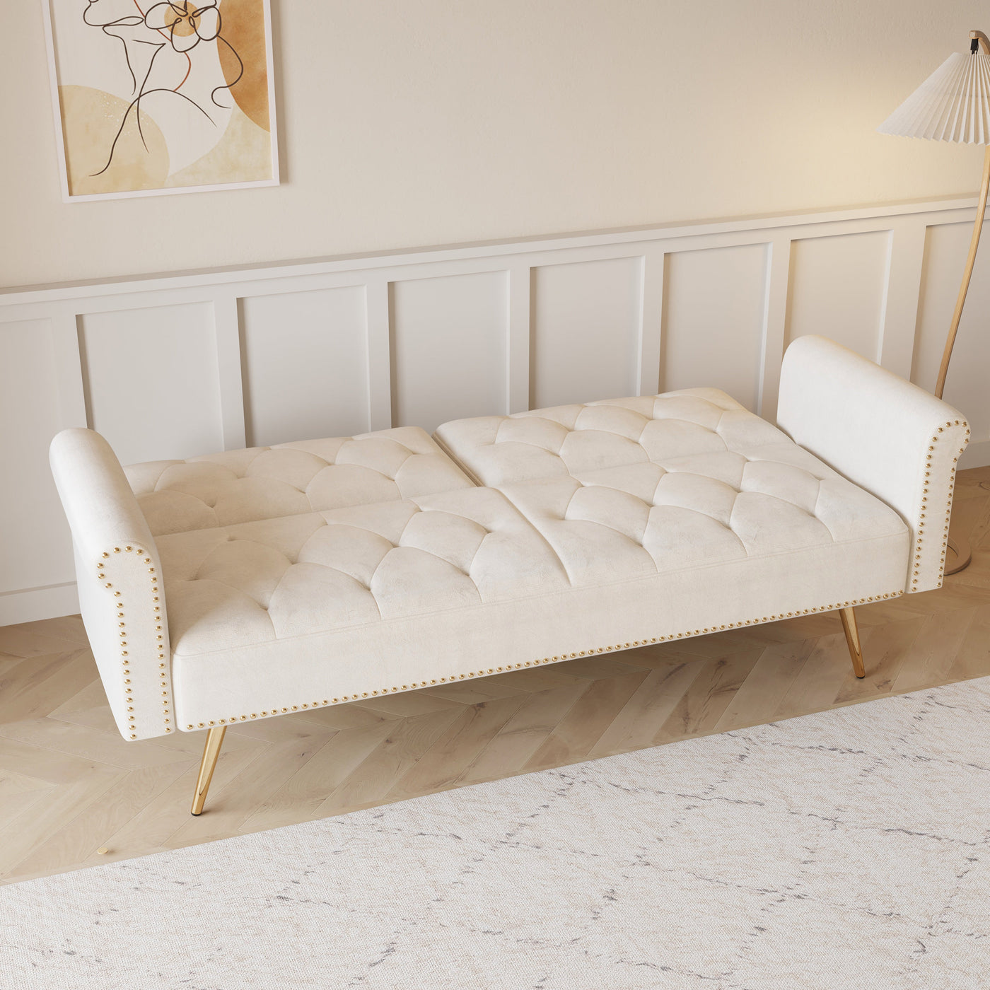 Luxurious Velvet Sofa Bed with Nail Head Trim and Matching Pillow in Beige, 69.7-Inch