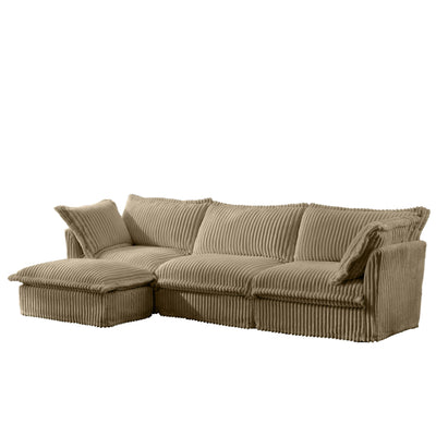 L-Shaped Slipcovered Sectional Sofa Couch, Comfy Deep Seat Cloud Couch with Convertible Ottoman & 2 Big Pillows, Modern Oversized 3 Seater Slipcovered Sofa Set for Living Room Office, Camel Corduroy