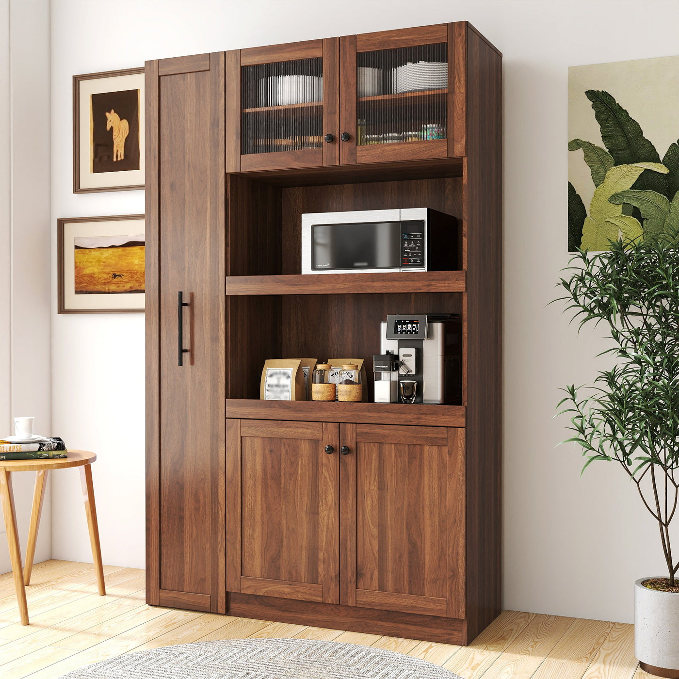 Kitchen pantry cabinet with multi-functional pull-out multi-tier storage shelf,Farmhouse Storage Cabinet with 4 Doors,Pantry Organizers for Kitchen,Dining Room