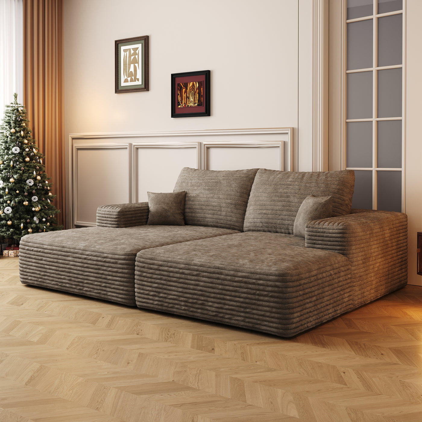 74.8' Modern Sofa bed With Dual sleeper, lounger for moviebonus room,No Assembly Required,Camel (Plush Corduroy Fabric)