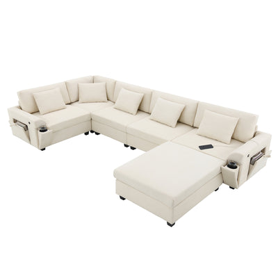 Chenille U Shaped Sectional Sofa with Ottoman, Storage, Cup Holders, and USB Ports, Off White, 128*67'