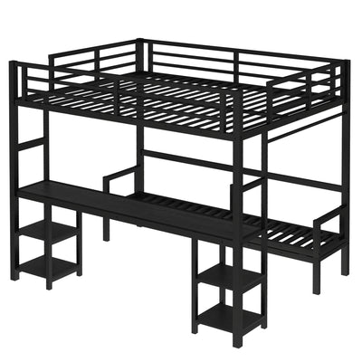 Queen Over Twin XL Metal Bunk Bed/Loft Bed with Desk and Shelves, Multiple Uses Folds into Sofa with LED and USB, Black