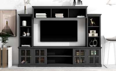 [VIDEO provided] ON-TREND Minimalism Entertainment Wall Unit with Bridge, Modern TV Console Table for TVs Up to 70', Multifunctional TV Stand with Tempered Glass Door, Black (Old SKU: SD000009AAB)