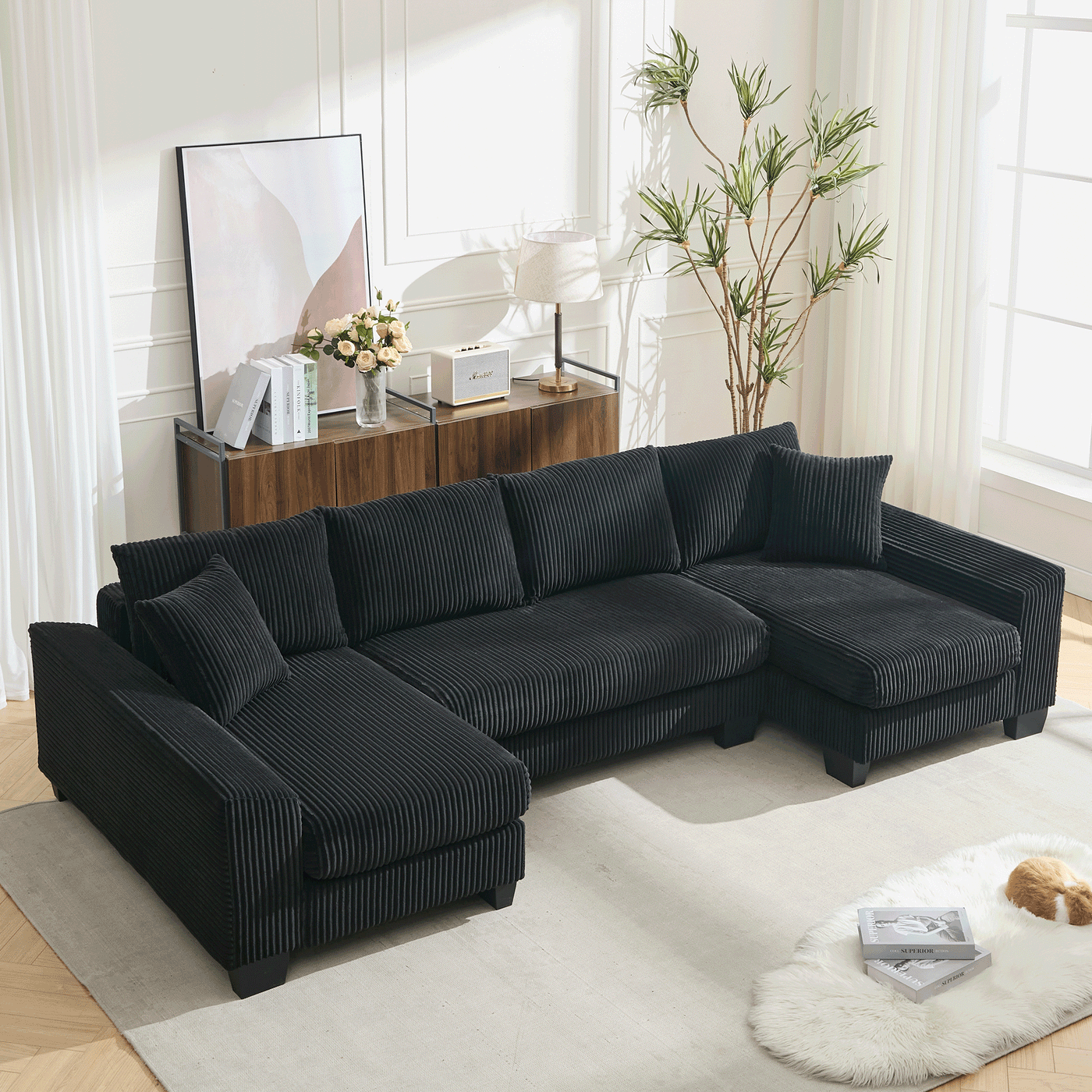 [NEW ARRIVED] [VIDEO PROVIDED]   114' Sleeper Sofa,U Shaped Sofa , Pull Out Bed,Convertible Oversize 2 in 1 Sleeper Sofa, Living Room,Upholstery Sofa Bed,Adjustable Sleeper Sofa,Corduroy,Black