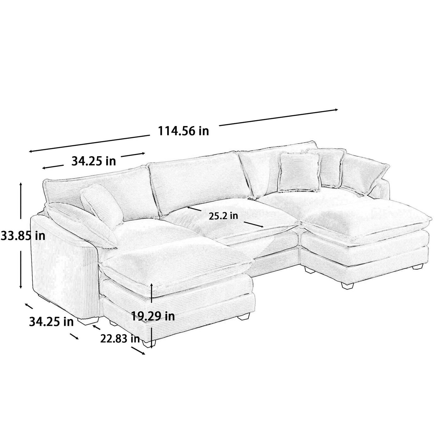 Oversized Modular Cushion Sofa with Ottomans, Comfy Upholstered U-Shaped Convertible Corner Sectional Sofa, Light Beige Corduroy