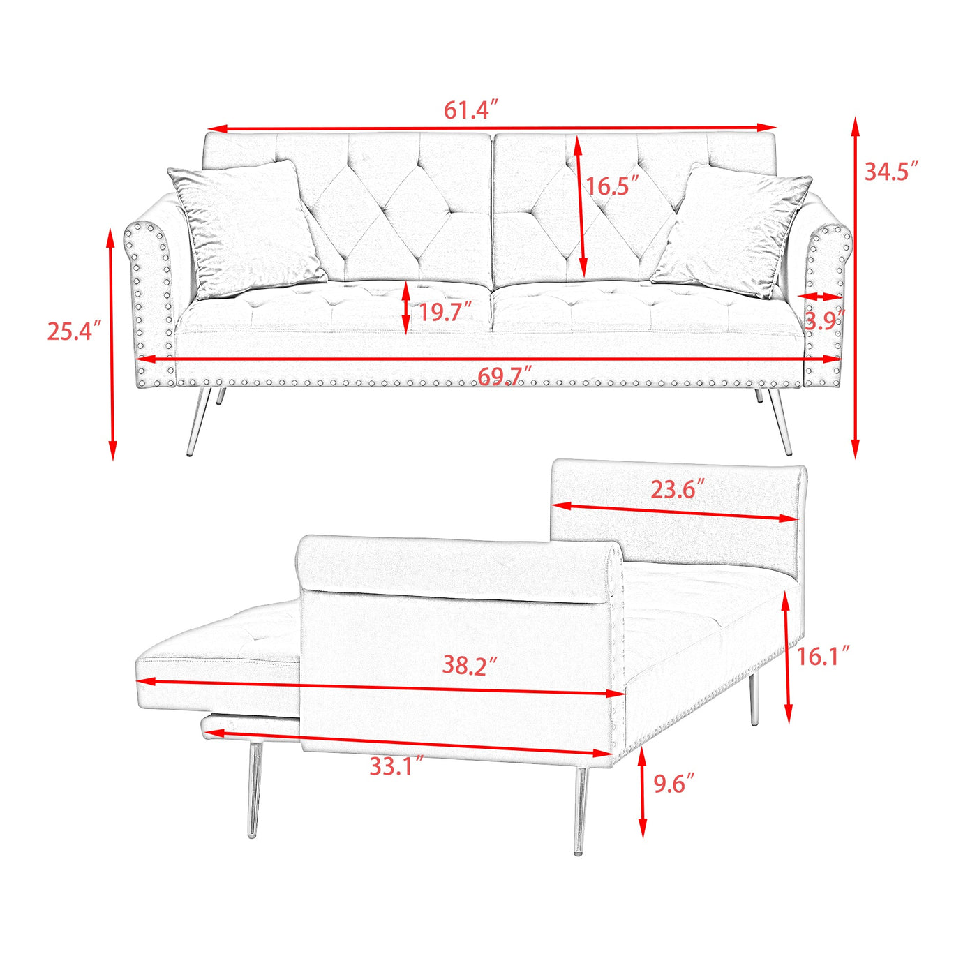 Luxurious Velvet Sofa Bed with Nail Head Trim and Matching Pillow in Beige, 69.7-Inch