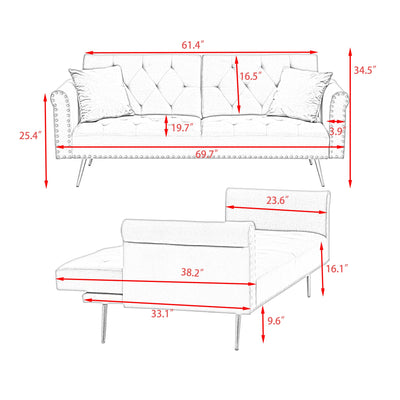 Luxurious Velvet Sofa Bed with Nail Head Trim and Matching Pillow in Beige, 69.7-Inch