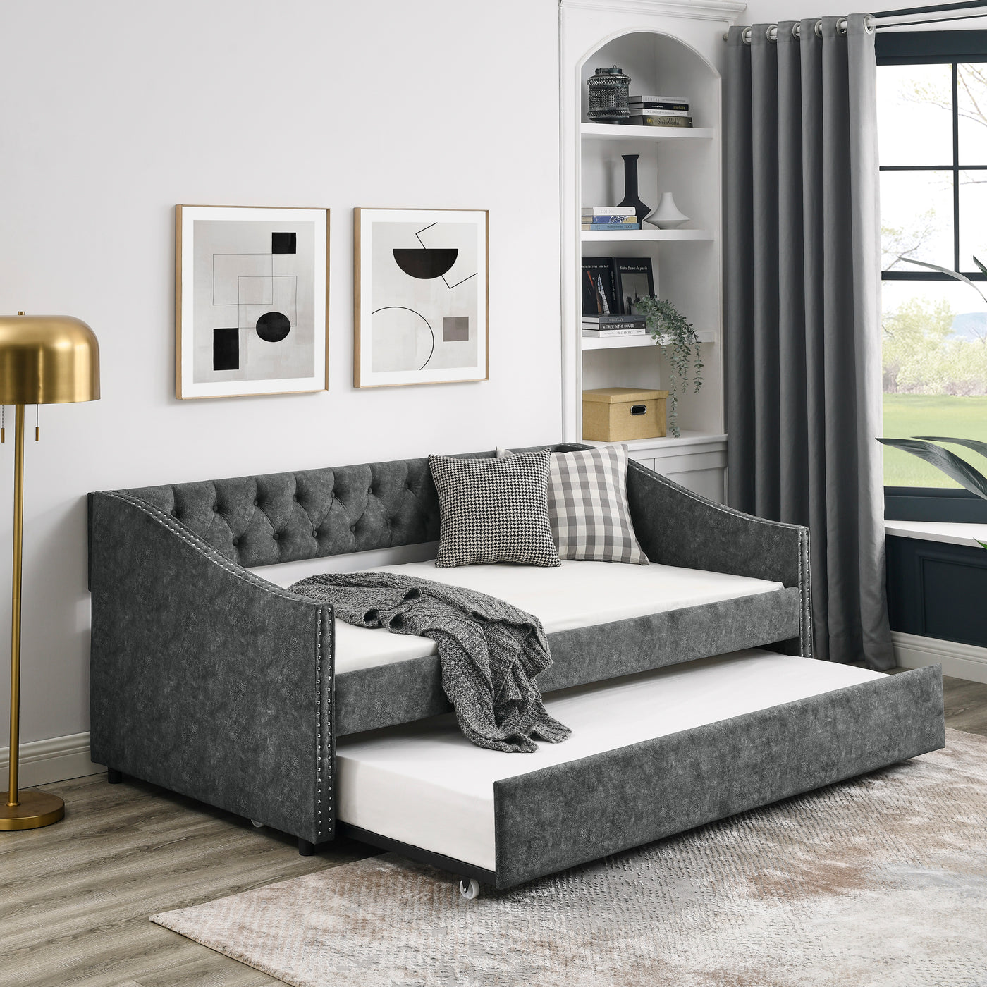Twin Size Daybed with Twin Size Trundle Upholstered Tufted Sofa Bed, with Button on Back and Copper Nail on Waved Shape Arms, Grey (80.5'x41'x30.5')