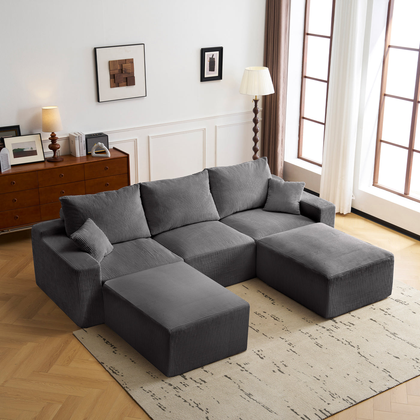 '110' L-Shaped Sectional Sofa, Full-Compression 3-Seater Cloud Couch with Chaise, No Assembly Required Sofa for Living Room, Ultra-Soft Deep Seat Modular Sofa(Corduroy, Grey)
