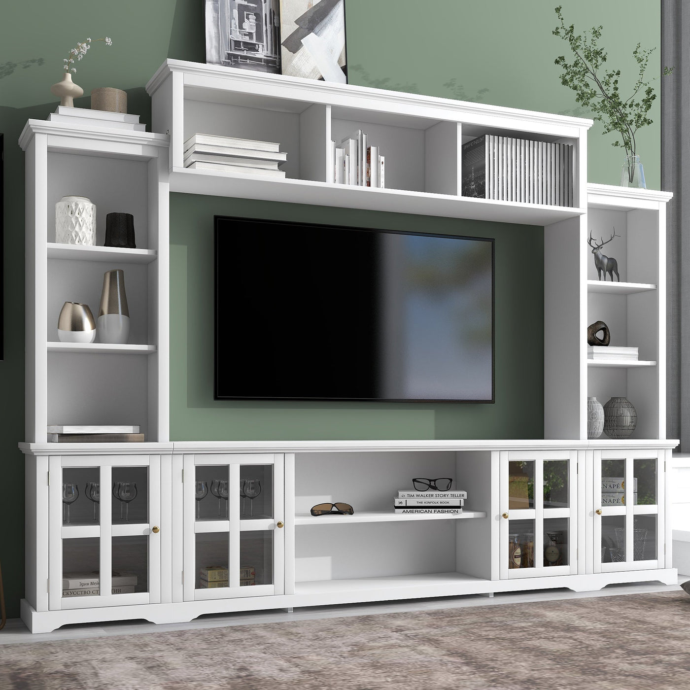 [VIDEO provided] ON-TREND Minimalism Entertainment Wall Unit with Bridge, Modern TV Console Table for TVs Up to 70', Multifunctional TV Stand with Tempered Glass Door, White (Old SKU: SD000009AAK)