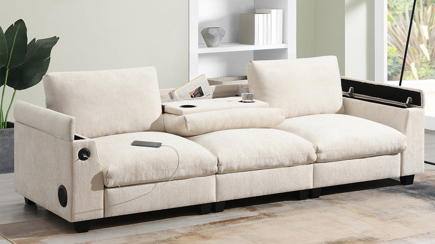 Chenille Sectional Sofa with Bluetooth Speaker, Comfy Cloud Couch Set with Drop Down Table, Cup Holders, USB Charger, Storage Armrest, Wide Seat, 96*35''