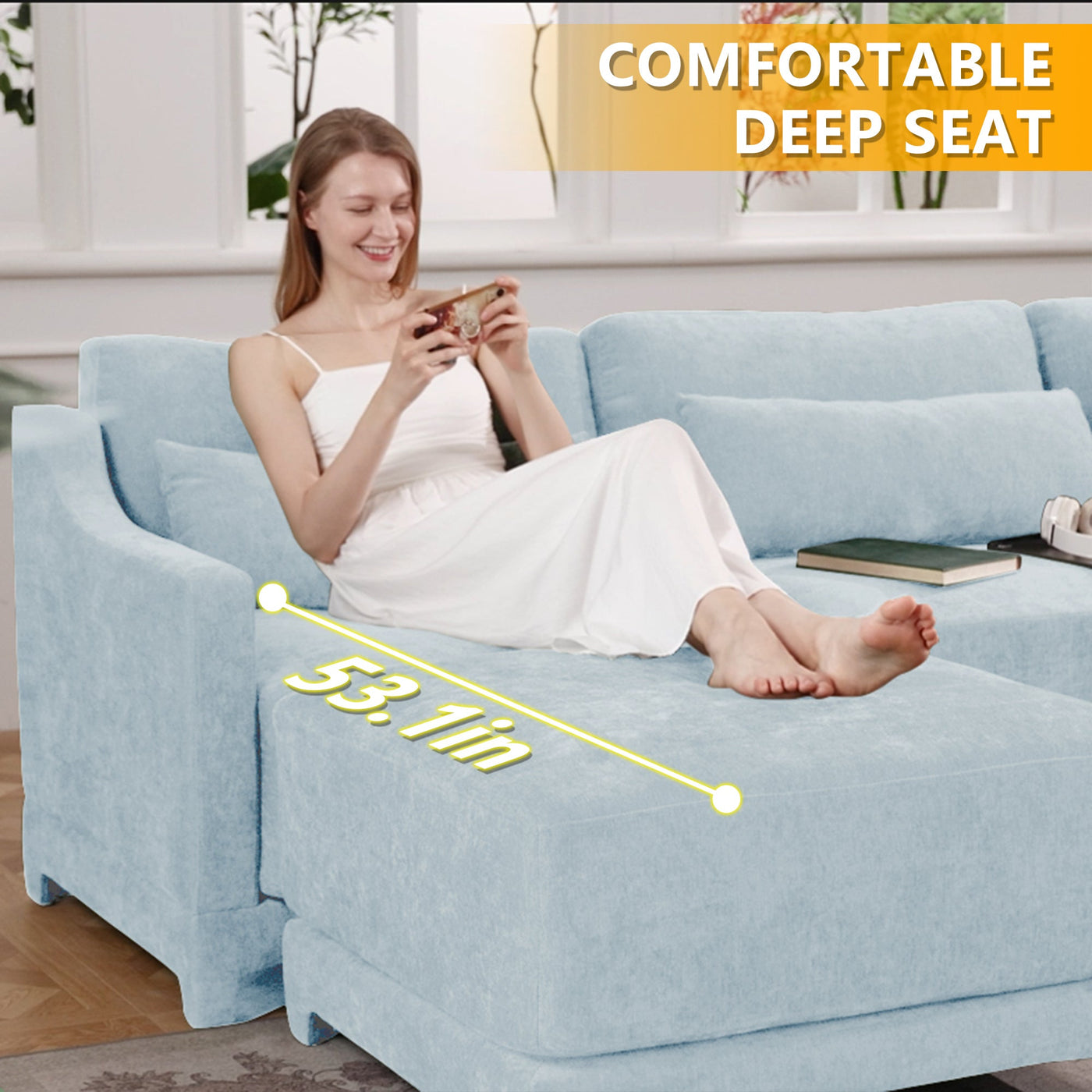 Stylish Four-Seater Sofa with Movable Ottoman in Sky Blue Chenille Fabric with Ergonomic Design