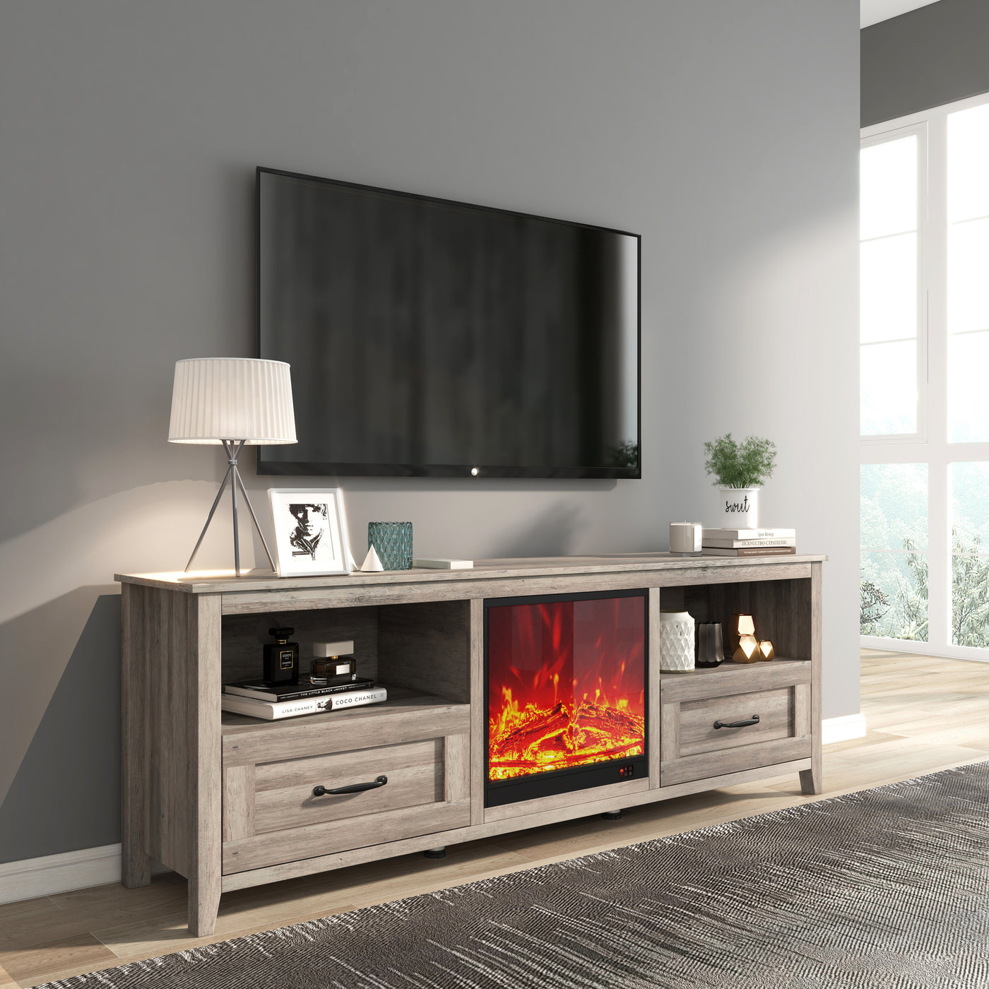 70.08 Inch Length TV Stand for Living Room and Bedroom, with 2 Drawers and 4 High-Capacity Storage Compartment, Grey Walnut ;Suitable for fireplace