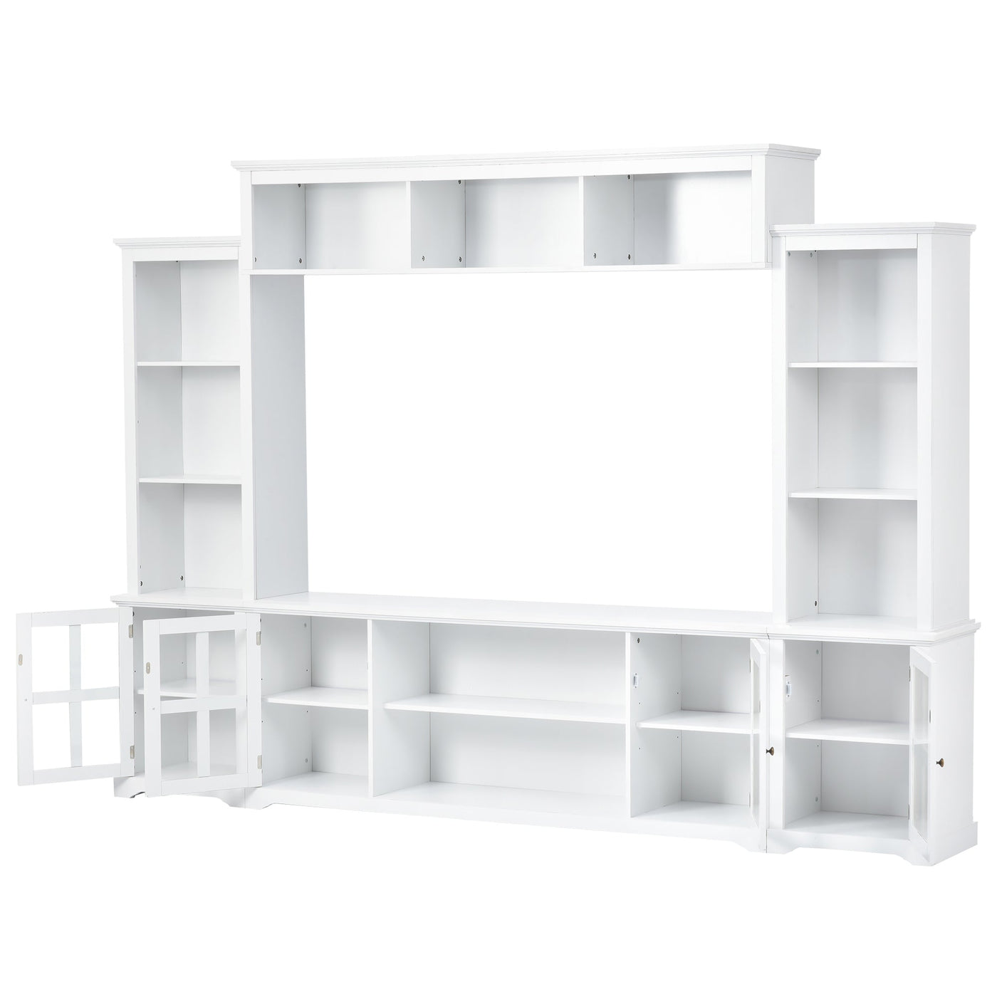 [VIDEO provided] ON-TREND Minimalism Entertainment Wall Unit with Bridge, Modern TV Console Table for TVs Up to 70', Multifunctional TV Stand with Tempered Glass Door, White (Old SKU: SD000009AAK)
