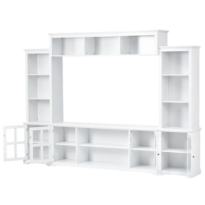 [VIDEO provided] ON-TREND Minimalism Entertainment Wall Unit with Bridge, Modern TV Console Table for TVs Up to 70', Multifunctional TV Stand with Tempered Glass Door, White (Old SKU: SD000009AAK)