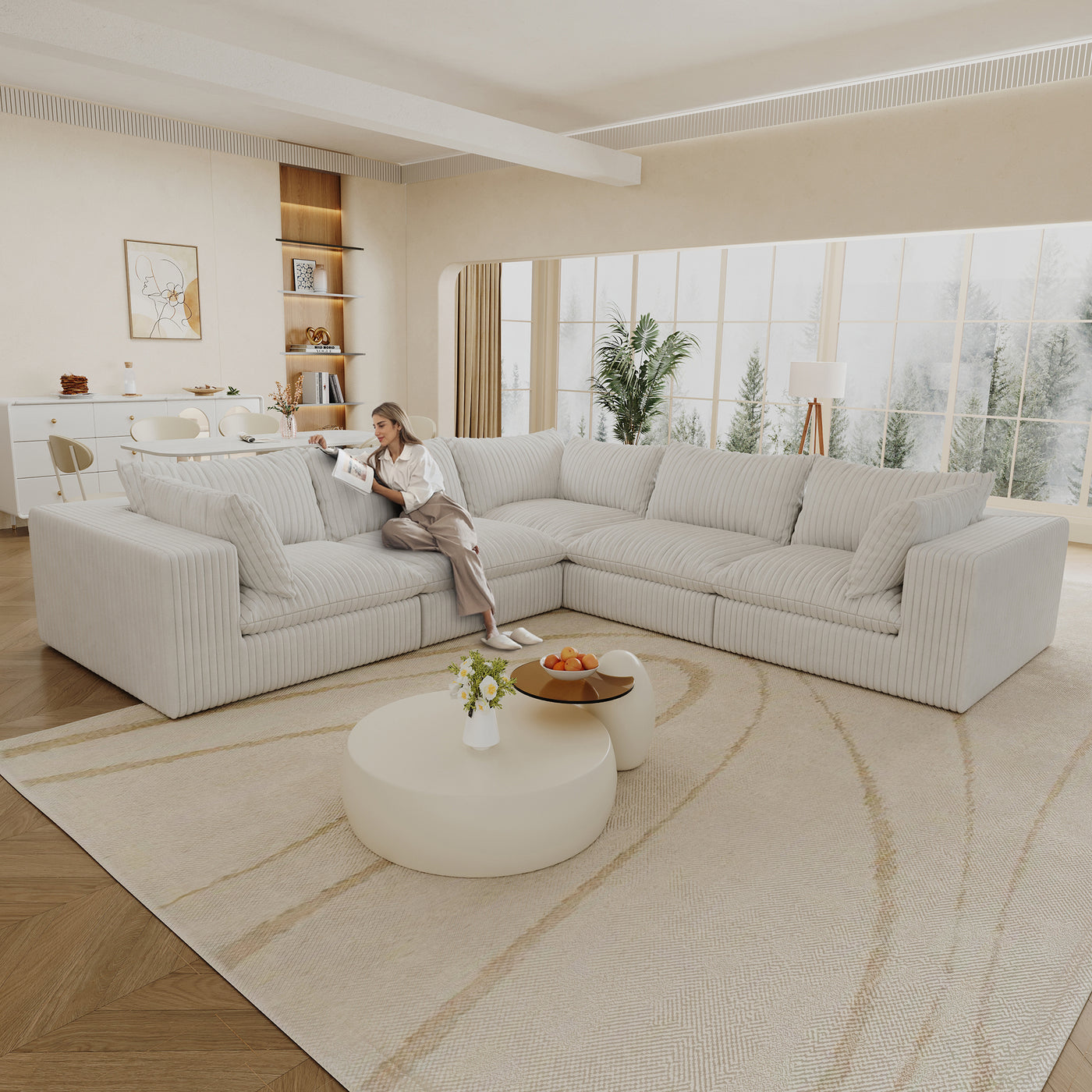 118.2' Cloud Sofa,Corduroy Fabric,Deep Seat Couches,Double-layer design,Removable Cushion,No Assembly, DIY Combination for Living room, Bedroom,Conference room ,Apartment,WHITE