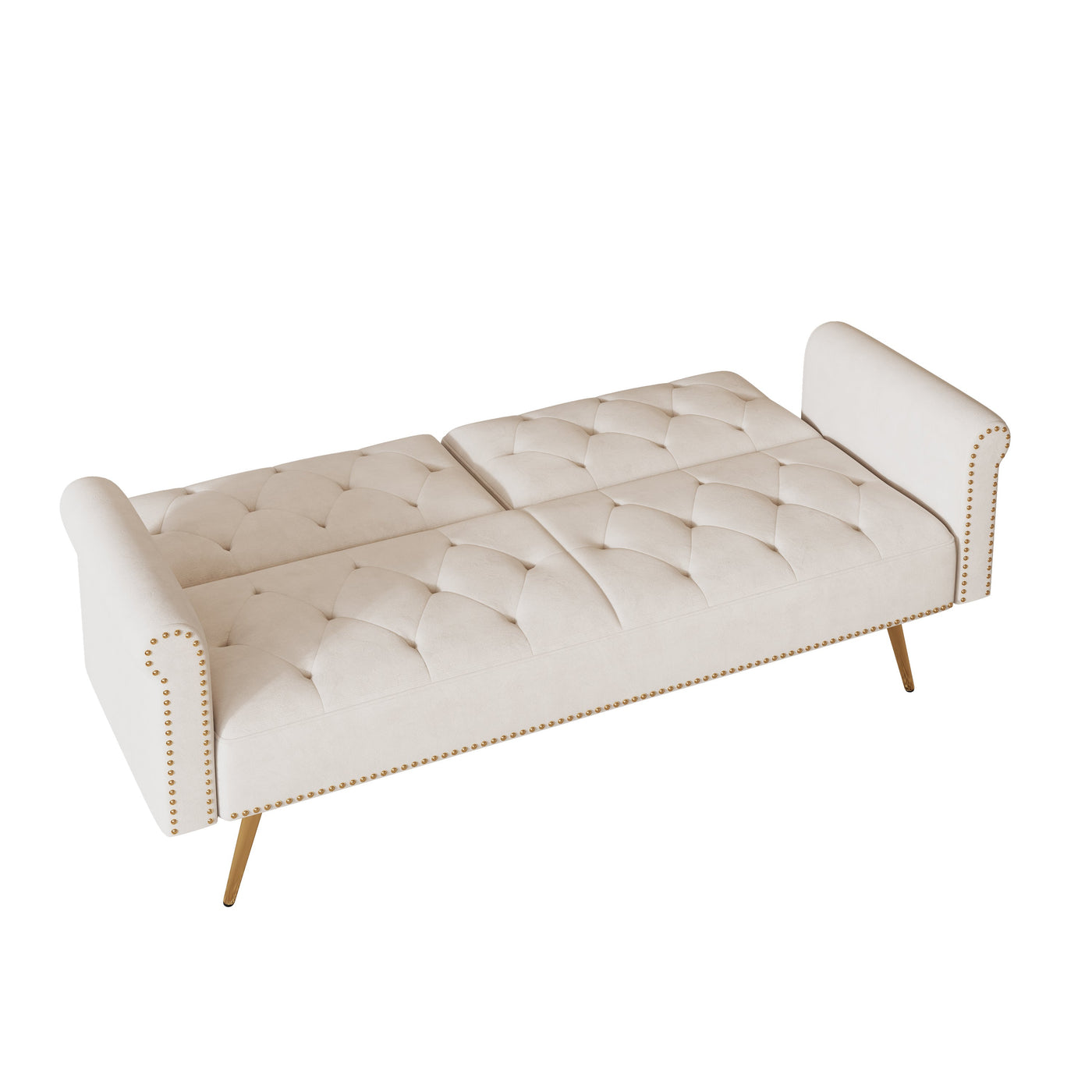 Luxurious Velvet Sofa Bed with Nail Head Trim and Matching Pillow in Beige, 69.7-Inch