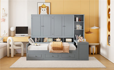 Full Size Wooden Daybed With Three Drawers, and All-in-One Cabinet, Desk and Shelves, Gray