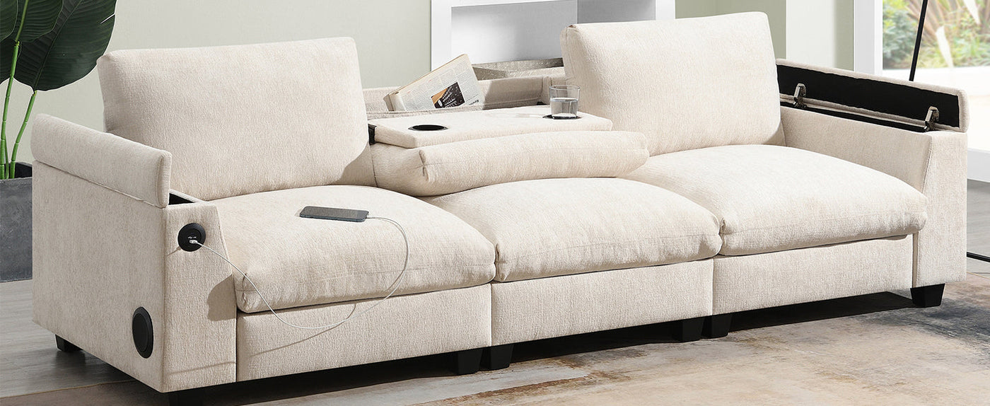 Chenille Sectional Sofa with Bluetooth Speaker, Comfy Cloud Couch Set with Drop Down Table, Cup Holders, USB Charger, Storage Armrest, Wide Seat, 96*35''