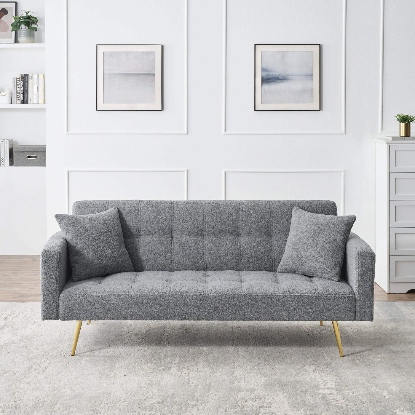 Contemporary Grey Teddy Fleece Sofa Bed with Two Throw Pillows and Metal Legs