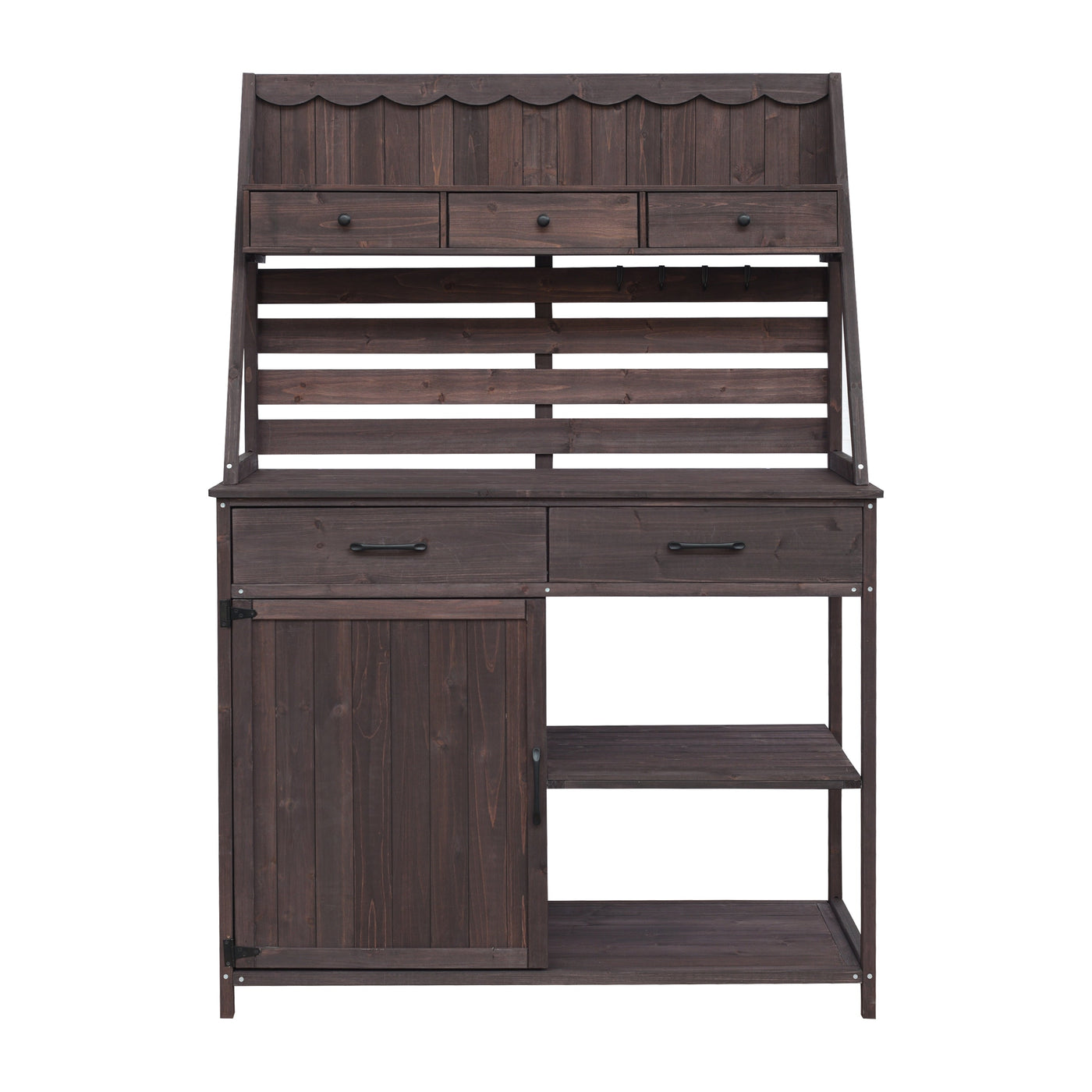 Brown Fir Wood Potting Bench - 5-Drawer Garden Workstation with Slatted Back Panel & Storage Cabinet