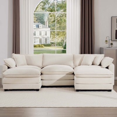 Oversized Modular Cushion Sofa with Ottomans, Comfy Upholstered U-Shaped Convertible Corner Sectional Sofa, Light Beige Corduroy