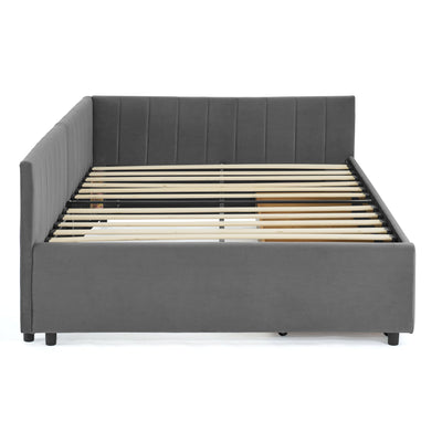 Full Size Upholstered Tufted Bed Frame with Two Drawers, Sofa Bed Frame with Comfortable Backrest and Armrests, Velvet, Grey(79.5''x58''x25'')