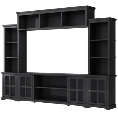 [VIDEO provided] ON-TREND Minimalism Entertainment Wall Unit with Bridge, Modern TV Console Table for TVs Up to 70', Multifunctional TV Stand with Tempered Glass Door, Black (Old SKU: SD000009AAB)