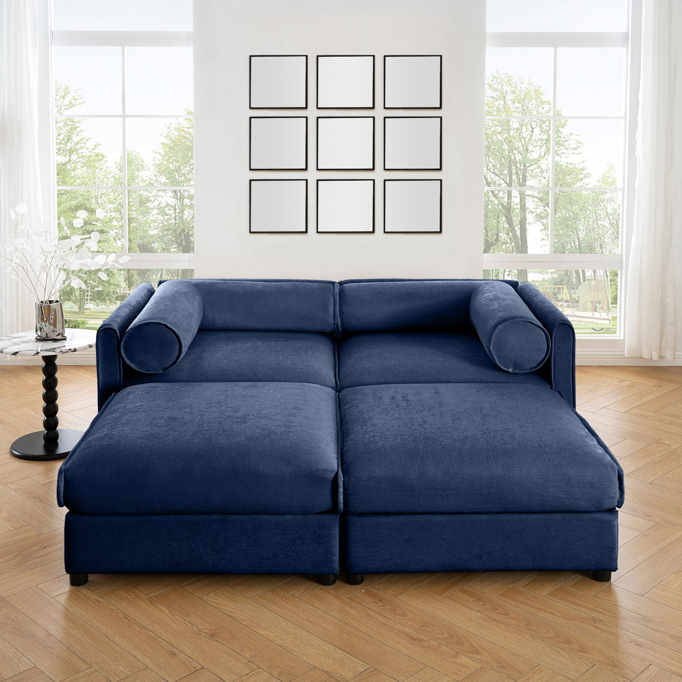 Modern Blue Chenille 2-Seater Sofa with Ottoman Storage and Cylindrical Support