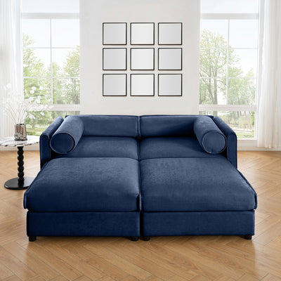 Modern Blue Chenille 2-Seater Sofa with Ottoman Storage and Cylindrical Support
