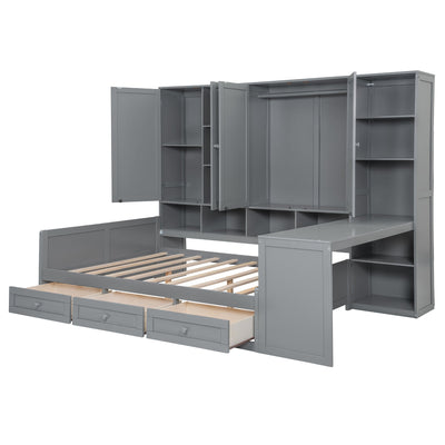 Full Size Wooden Daybed With Three Drawers, and All-in-One Cabinet, Desk and Shelves, Gray