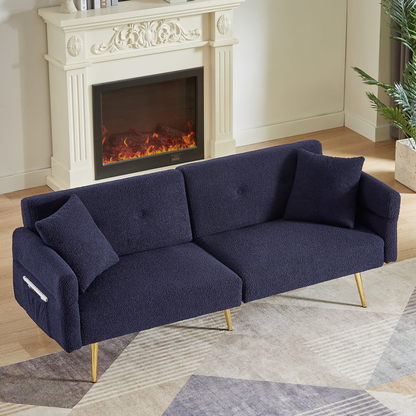 Modern Teddy Upholstered Accent Loveseat Sofa With Side Pocket,Folding Sleeper Sofa Bed With Foldable Armrest , Adjustable Backrest and Golden Metal Legs for Living Room,Dark Blue