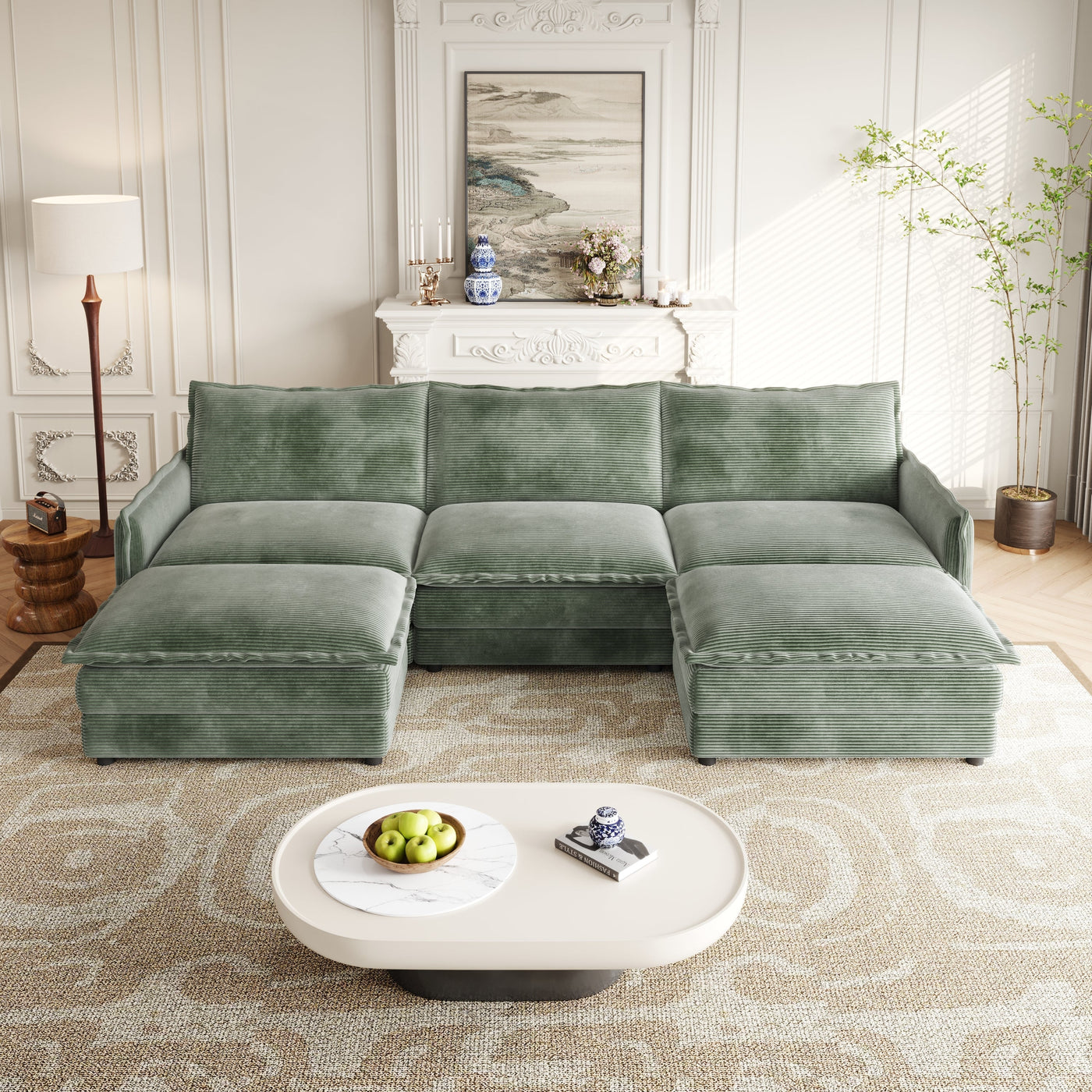 Corduroy Fabric 3-Seater Comfy Cloud Couch with 2 Movable Footrest for Living Room,Oversized Deep Seat U Shaped Couch Set, Upholstered Large Size Deep Seat 2-Seat Sofa with 3 cushions