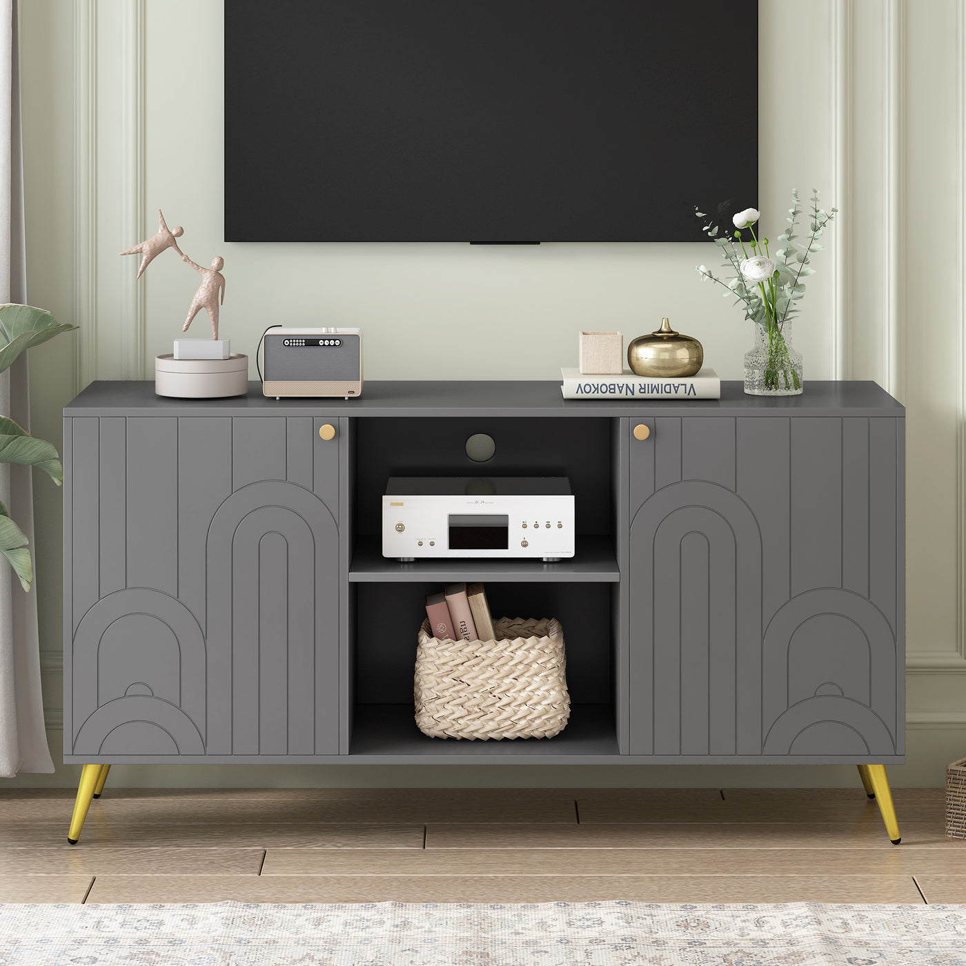 U-Can Modern TV Stand for TVs up to 55 Inches, Entertainment Center Media Console,Adjustable Shelf, Metal Legs, Handles and Anti-tip Device for Living room
