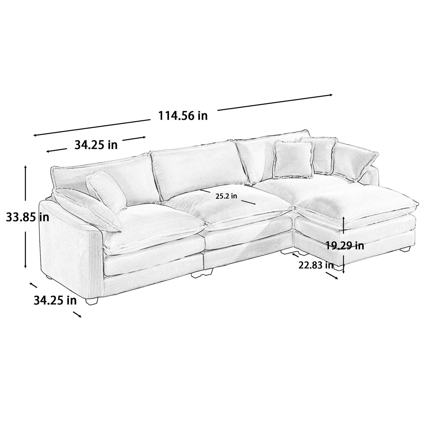 Classic & Modern Sectional Sofa with Ottoman - Light Beige Corduroy Upholstered 3-Seat Couch for Living Room